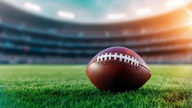 American football sits on the lush grass of a stadium, awaiting the kickoff in a bustling stadium, background with copy space