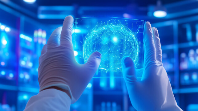 Scientist examines holographic representation of molecular structure in modern laboratory setting