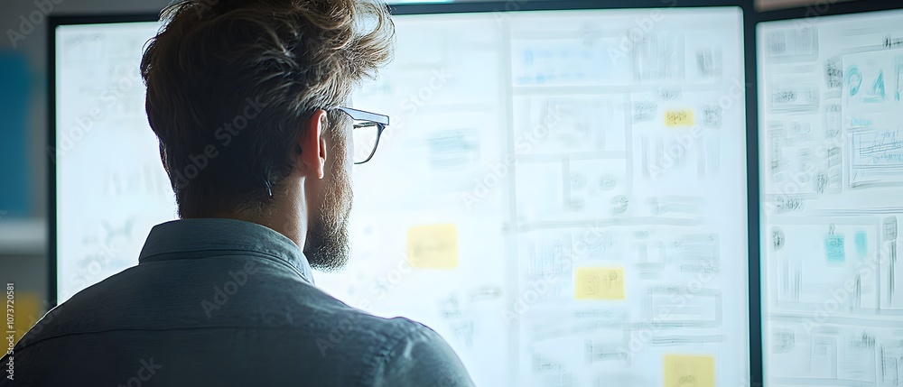 Poster a focused professional analyzing data and charts on multiple screens. the image captures the essence