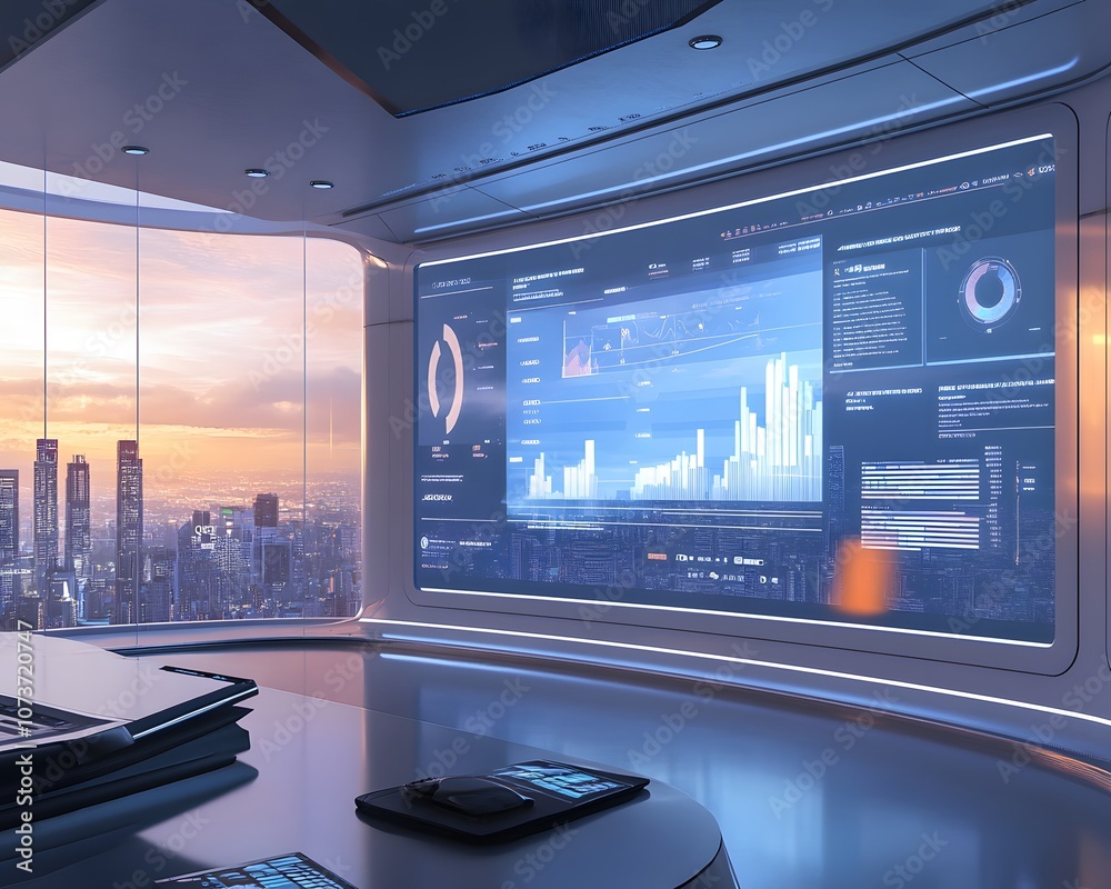 Poster a futuristic office space featuring a large digital display with data analytics and graphs, highligh