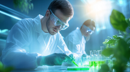 Scientists conducting experiments with green liquid in a lab surrounded by plants in bright light