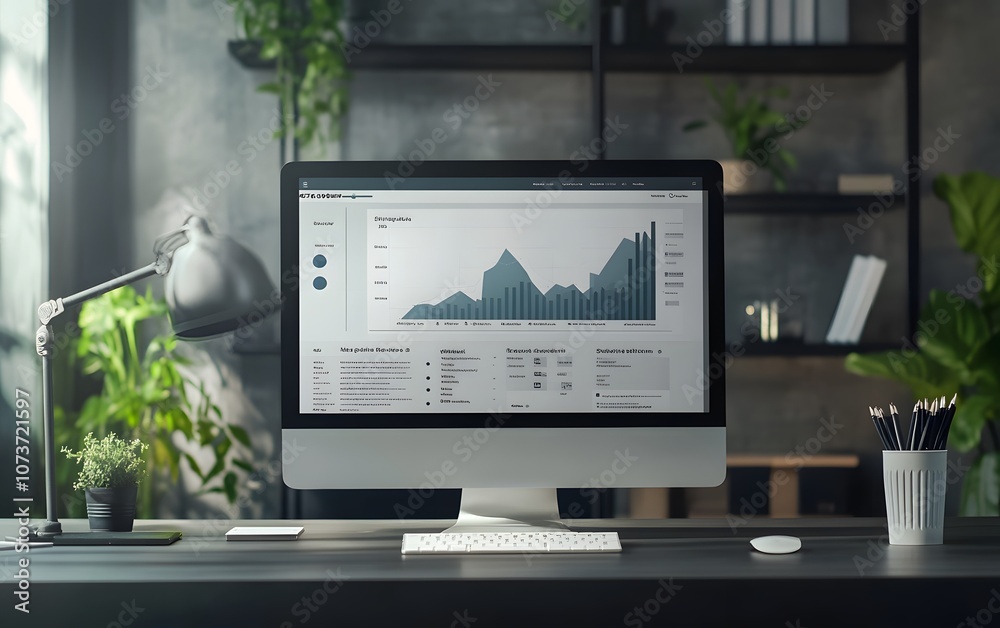 Poster a modern workspace featuring a sleek computer displaying analytics data. a well-organized desk with 