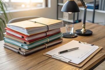  Neatly stacked colorful business documents and binders on a wooden desk with a clipboard and pen, representing office work, organization, and productivity.