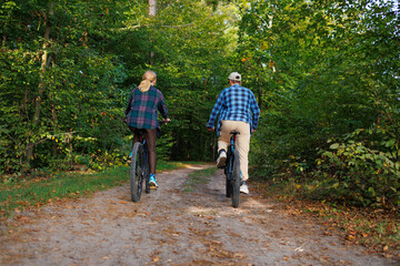 Young man and woman ride a bicycle through a forest area, back view