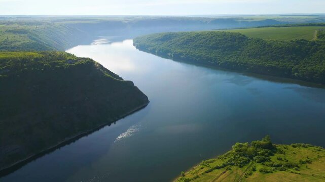 Aerial drone footage of green hills on the Parana River, Teju Cuare Park, Argentina
