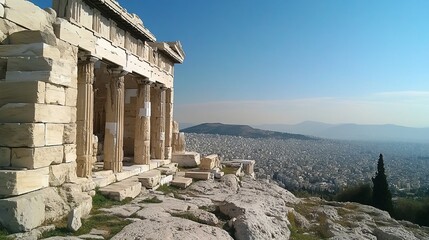 The Temple of Athena Nike on the Acropolis Hill in Athens, Greece. The temple, built in the 5th century BC, offers stunning views of the city below.