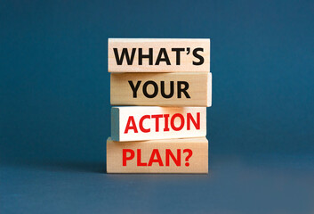 Action plan symbol. Concept words What is your action plan on beautiful wooden blocks. Beautiful grey table grey background. Business What is your action plan concept. Copy space