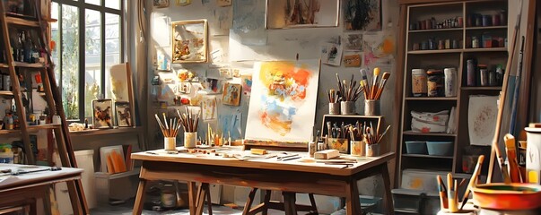 Fototapeta premium A vibrant artist's studio filled with various painting supplies, canvases, and a cozy ambiance that inspires creativity
