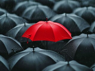 A vivid red umbrella contrasting against a sea of black umbrellas on a rainy day