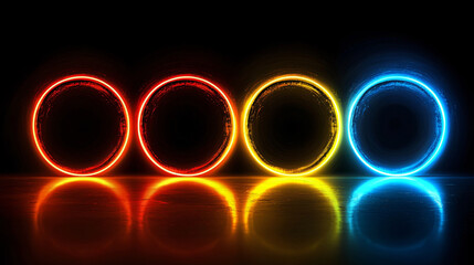 Naklejka premium Neon light circles in vibrant colors create striking visual effect, reflecting beautifully on dark surface. interplay of red, yellow, and blue adds dynamic touch to composition
