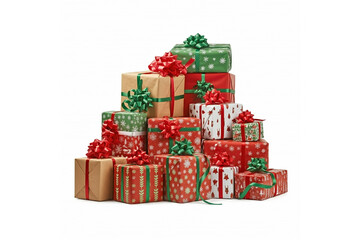 Pile of variously wrapped Christmas gifts with red and green ribbons on a white background.