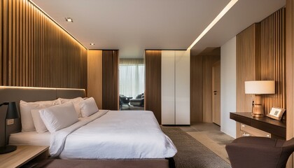 Fototapeta premium Minimalist hotel bedroom interior with bed, wardrobe and nightstand