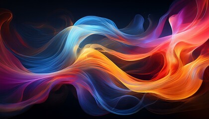 Obraz premium Abstract digital art with flowing lines of blue, red, and orange on a black background.