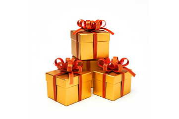 Obraz premium Three gold gift boxes with red ribbons stacked, festive and luxurious, isolated on white background.