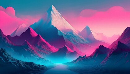 A digital art rendering of a mountain range, bathed in pink and blue hues.