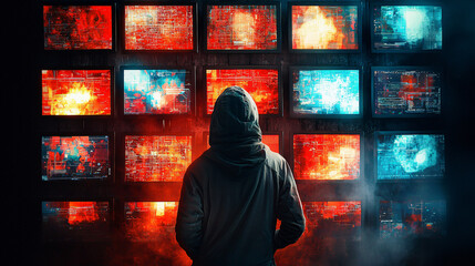 Mysterious hacker in hoodie observing multiple screens displaying vibrant, chaotic visuals. atmosphere is intense and futuristic, evoking sense of intrigue and suspense