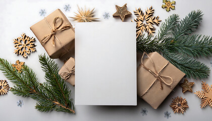  Blank white Christmas card mockup featuring wrapped gifts, fir branches, wooden snowflakes _1(359)