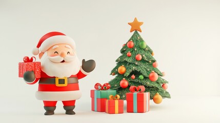 Cheerful Santa Claus Holding Present Next to Christmas Tree with Colorful Ornaments