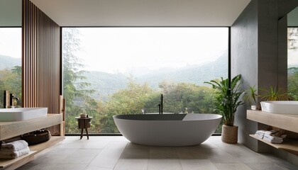 Modern bathroom with a freestanding bathtub in a minimalist design. 3D Rendering