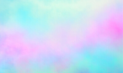Colorful watercolor background of abstract sunset sky with puffy clouds in pastel rainbow colors of pink blue yellow orange and