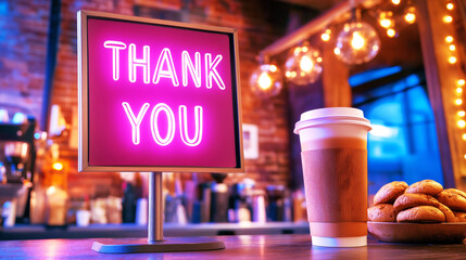 Cozy coffee shop interior with glowing sign and pastry display during evening hours