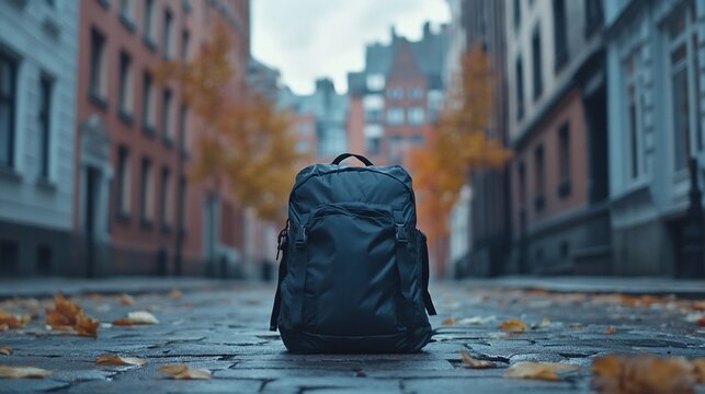 A black backpack sits on a cobblestone street in front of historic buildings in a European city.