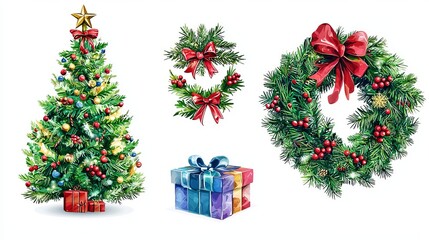 Elegant Christmas Decor Elements   Festive Tree Wreath and Gift Boxes