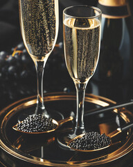 Two champagne glasses on a black background with spoon of black caviar