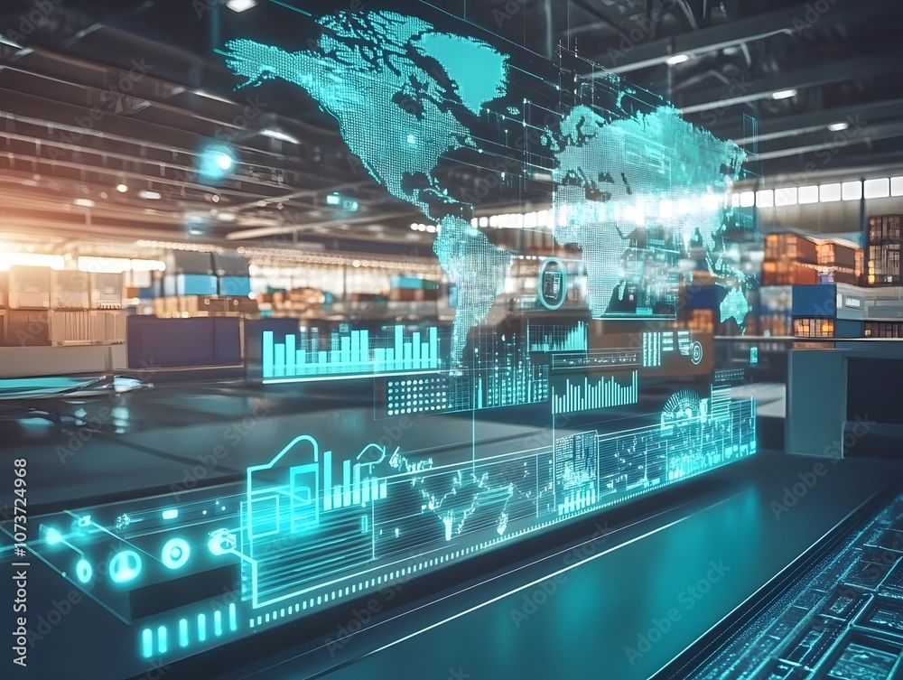Poster futuristic digital workspace featuring holographic data displays, global maps, and performance metri
