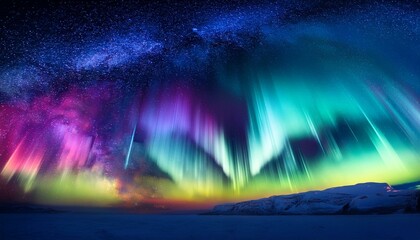 Vibrant green, purple, and pink Northern Lights dance across the night sky, casting a magical glow over a snow-covered landscape.