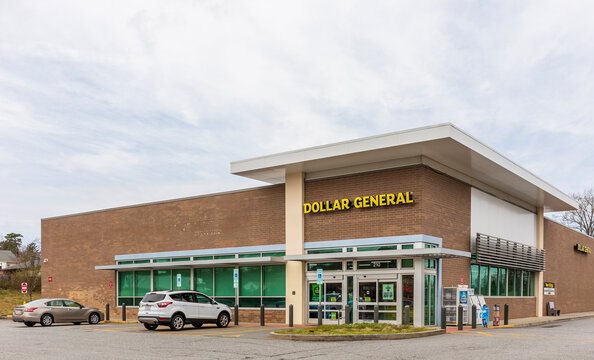 RUTHERFORD COLLEGE, NC, USA-24 MARCH 2022: Dollar General store with architectural awning over entrance.