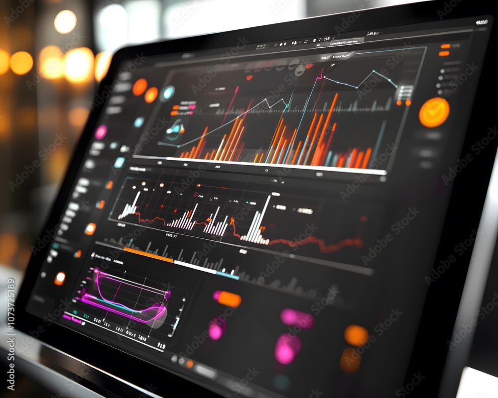 Poster modern data analytics interface on a computer screen, showcasing vibrant graphs and metrics.