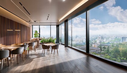Obraz premium Modern cafe interior with wooden accents and city view. 3D Rendering