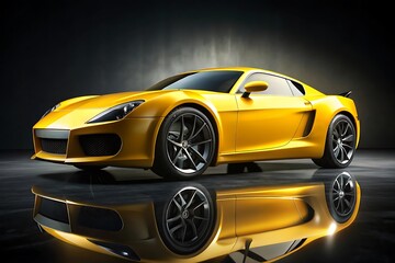 Sports car, yellow supercar, sleek design, reflective floor, studio lighting, dramatic shadows