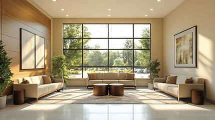 Fototapeta premium Modern lobby interior with large windows, light wood paneling, and comfortable seating.
