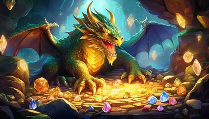 A green dragon with golden scales and a fearsome roar guards a pile of glittering jewels in a cave.