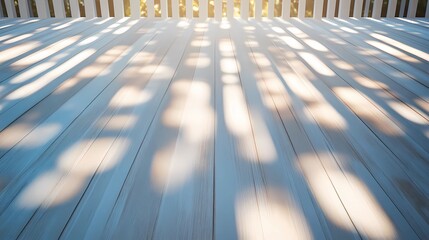 Naklejka premium Natural light filters through wooden slats, creating a play of light and shadow, perfect for backgrounds, textures, or tranquil mood settings