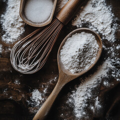 Rustic Baking Utensils with Flour on Wooden Surface
