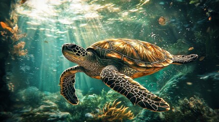 Fototapeta premium Graceful Sea Turtle Swimming in Vibrant Underwater Seascape with Coral Reef Ecosystem