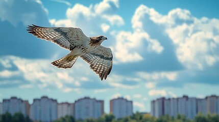 Fototapeta premium A hawk soars high above a city skyline with a bright blue sky and puffy clouds.