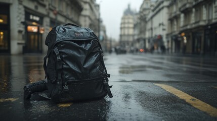 Obraz premium A black backpack sits on a wet city street with blurred pedestrians and buildings in the background.