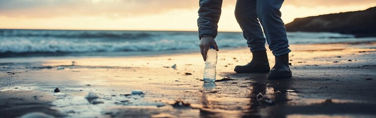 Environmentalist Picking Up Plastic Bottle During Beach Cleanup Activity