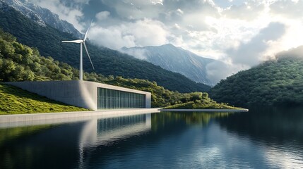 Obraz premium Hydrogen Energy Powered Landscape with Wind Turbine and Reflective Lake