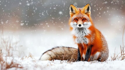 Fototapeta premium Majestic Red Fox Sitting Amidst Snowy Field in Serene Winter Landscape