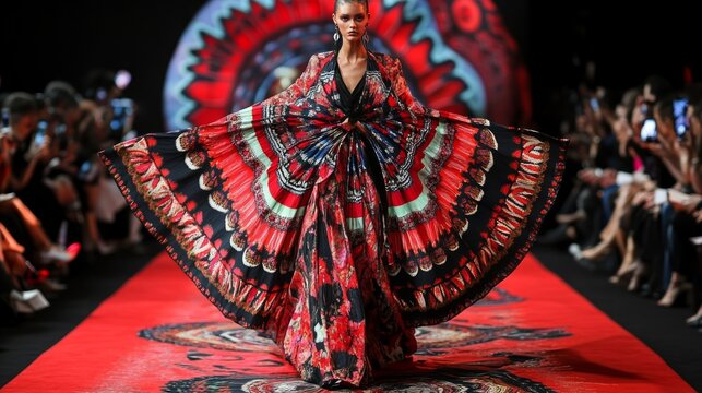 A female model walks the runway in a flowing, colorful gown with a unique mandala dress design.
