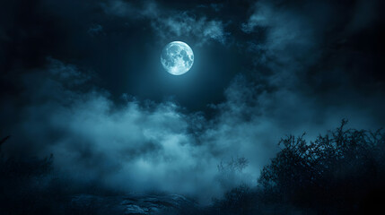 Full moon illuminating a dark, cloudy night sky with dense blue fog. Halloween background , nighttime ambiance, lunar light concept, gothic aesthetic, eerie atmosphere.
