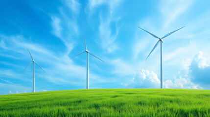 Fototapeta premium Wind turbines generate renewable energy under a bright blue sky on a sunny day in a green field