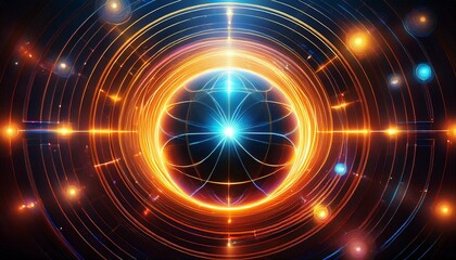 Fototapeta premium A glowing sphere in an abstract cosmic space. Circles of light surround the sphere, creating a sense of movement and energy.