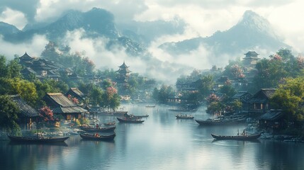 Fototapeta premium A serene village nestled among misty mountains, with boats traversing a tranquil river.