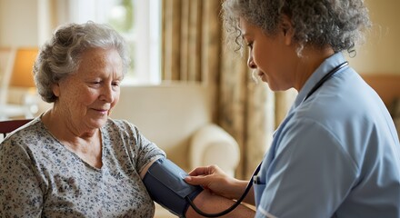 Obraz premium Nurse, elderly patient and blood pressure in house, retirement home and check up with medical professional